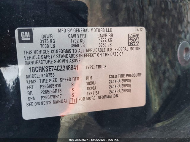 2012 CHEVROLET SILVERADO 1500 LT VIN: 1GCRKSE74CZ348841