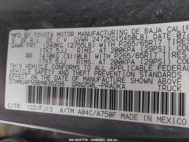 2011 TOYOTA TACOMA BASE V6 VIN: 3TMMU4FN9BM036298