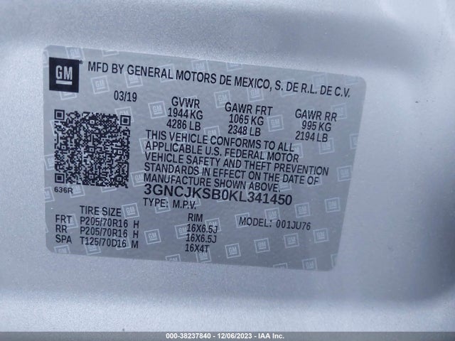 Chevrolet TRAX LS 2019 3GNCJKSB0KL341450 Image 9