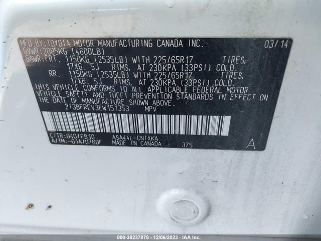 2014 TOYOTA RAV4 LE VIN: 2T3BFREV3EW151353