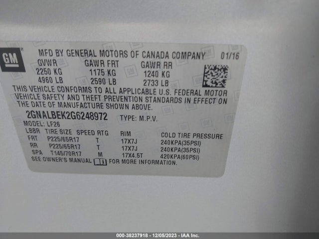 2016 CHEVROLET EQUINOX LS VIN: 2GNALBEK2G6248972