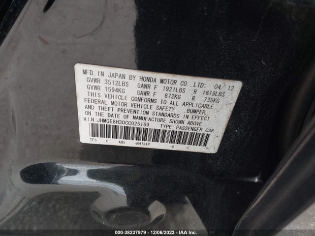 2012 HONDA FIT VIN: JHMGE8H30CC025169