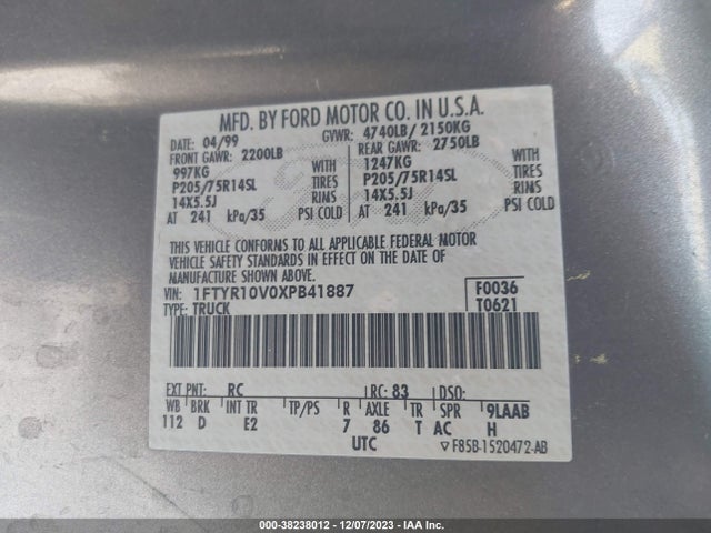 1999 FORD RANGER XL/XLT VIN: 1FTYR10V0XPB41887