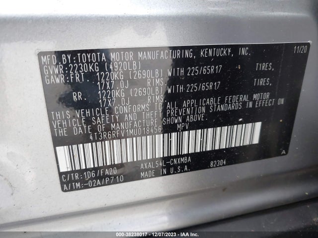 2021 TOYOTA RAV4 XLE HYBRID VIN: 4T3R6RFV1MU018456