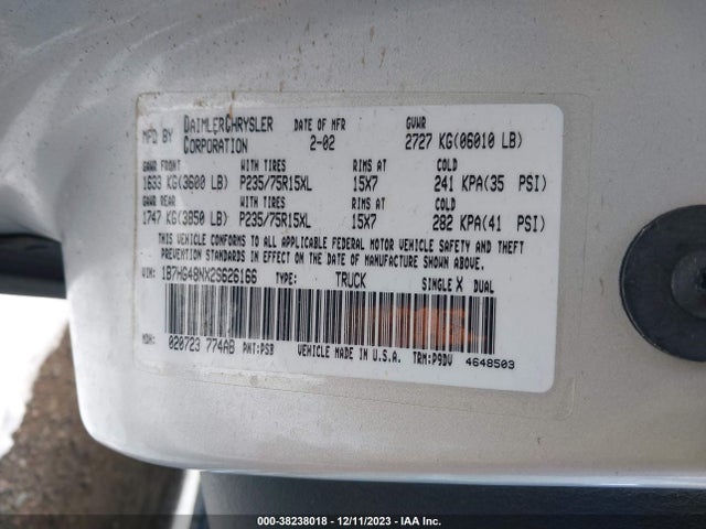 2002 DODGE DAKOTA SLT VIN: 1B7HG48NX2S626166