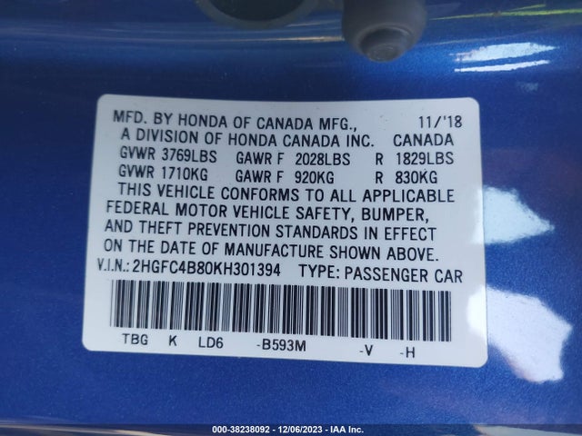 Honda Civic Sport 2019 2HGFC4B80KH301394 Image 9