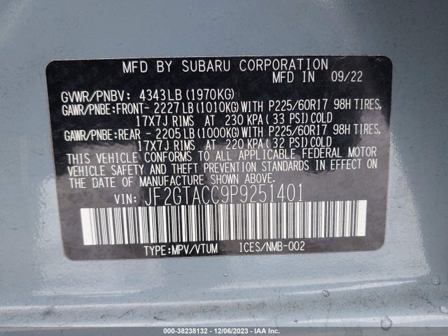 2023 SUBARU CROSSTREK PREMIUM VIN: JF2GTACC9P9251401