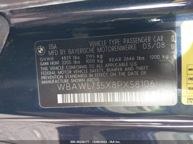 2008 BMW 335I VIN: WBAWL735X8PX58106