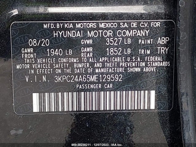 2021 HYUNDAI ACCENT SE VIN: 3KPC24A65ME129592