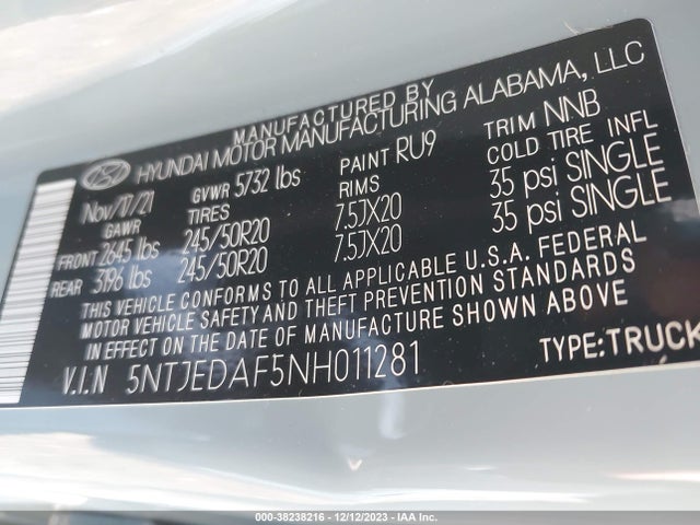 2022 HYUNDAI SANTA CRUZ LIMITED VIN: 5NTJEDAF5NH011281