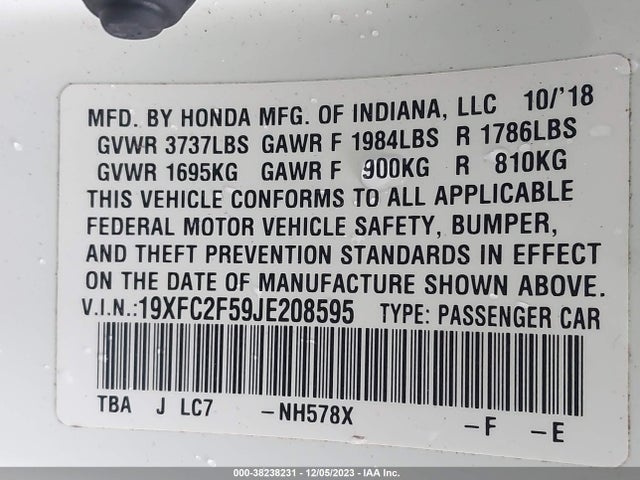 Honda Civic Lx 2018 19XFC2F59JE208595 Image 9