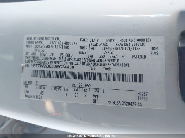 2018 FORD F-250 XL VIN: 1FT7W2B65JEC24430