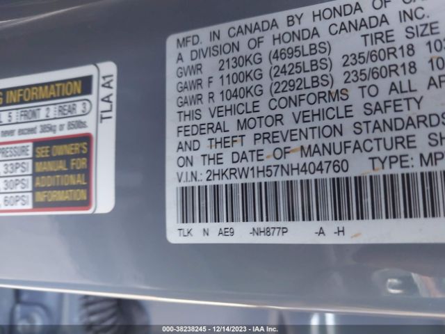 2HKRW1H57NH404760 Honda Cr-v 2wd Ex