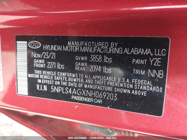 2022 HYUNDAI ELANTRA SEL VIN: 5NPLS4AGXNH069203