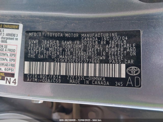 2005 TOYOTA MATRIX/XR VIN: 2T1KR30E65C377666