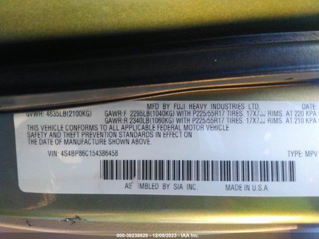 2005 SUBARU LEGACY (NATL) OUTBACK R L.L. BEAN EDITION VIN: 4S4BP86C154386458