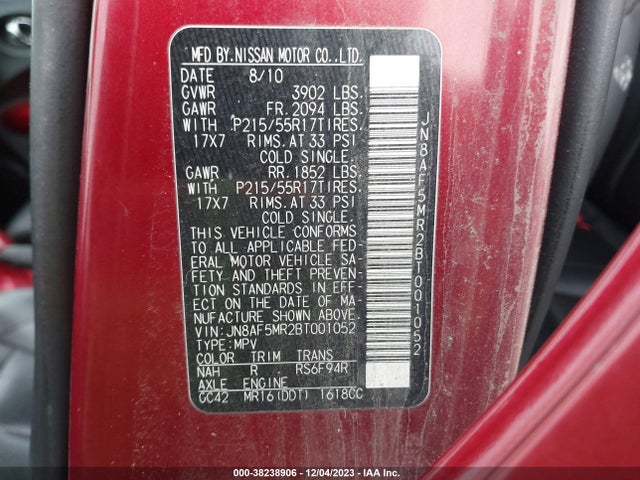 2011 NISSAN JUKE SL VIN: JN8AF5MR2BT001052