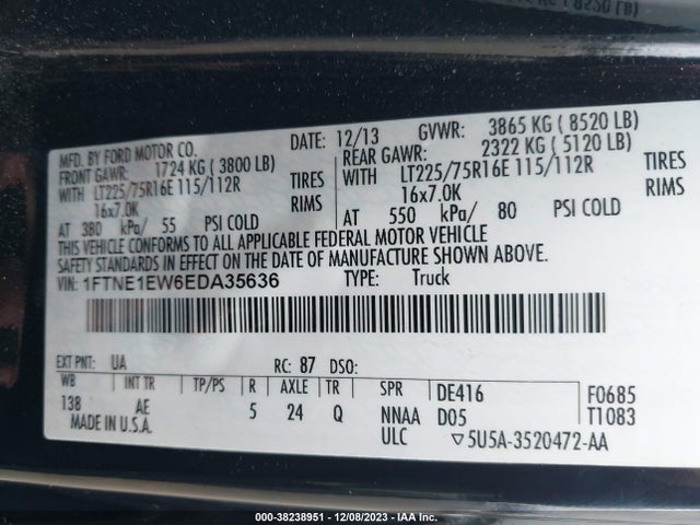 2014 FORD E-150 COMMERCIAL VIN: 1FTNE1EW6EDA35636