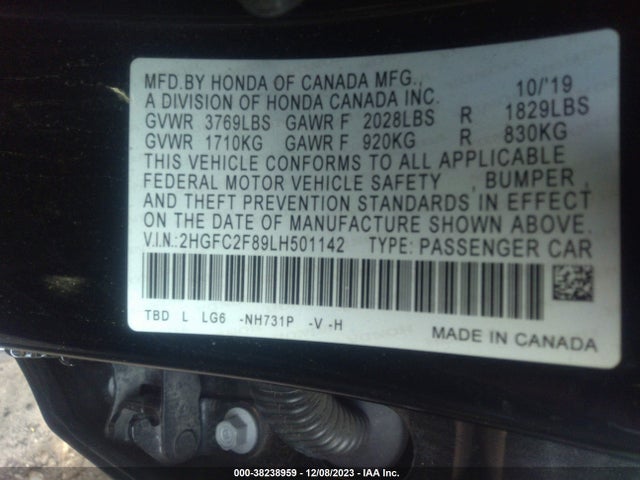 Aukcja sprzedaży 2020 Honda Civic Sport, vin: 2HGFC2F89LH501142, numer aukcji: 38238959