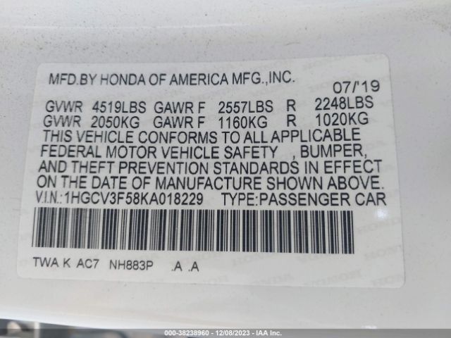 1HGCV3F58KA018229 Honda Accord Hybrid Ex-l