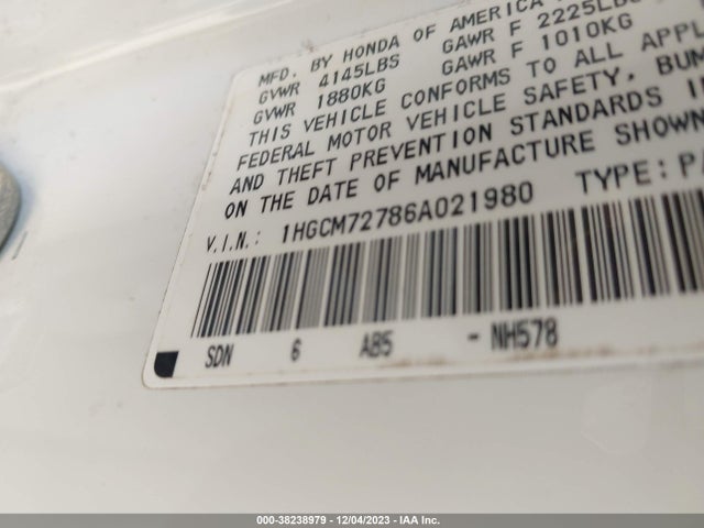 2006 HONDA ACCORD 2.4 EX VIN: 1HGCM72786A021980