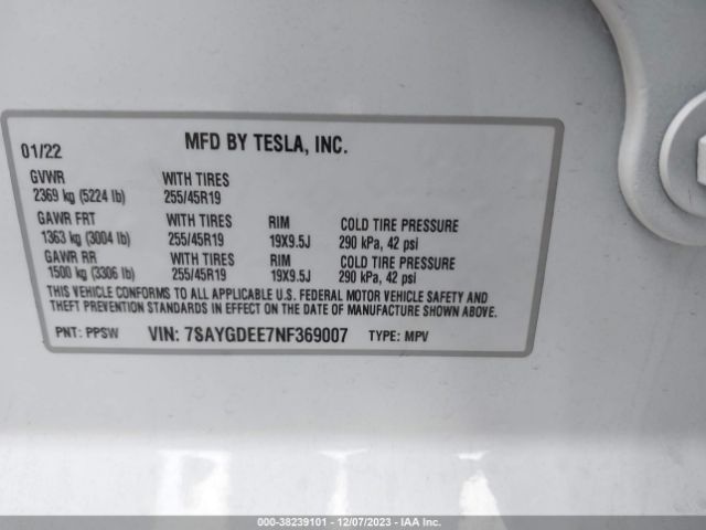 7SAYGDEE7NF369007 Tesla Model Y Long Range Dual Motor All-wheel Drive