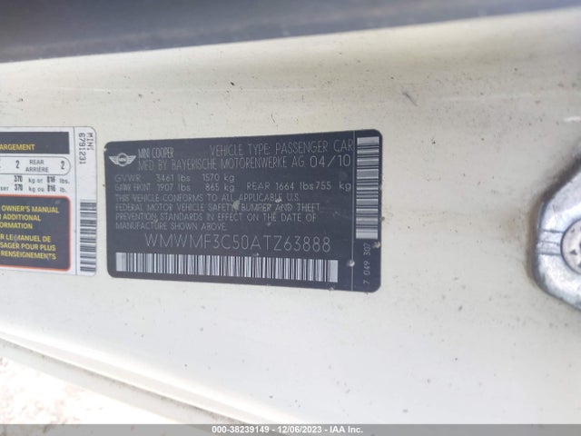 2010 MINI COOPER WMWMF3C50ATZ63888 Photo 8