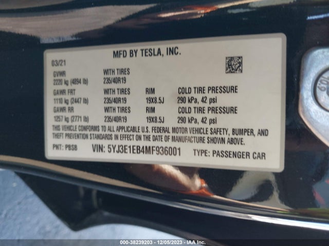 2021 TESLA MODEL 3 LONG RANGE DUAL MOTOR ALL-WHEEL DRIVE VIN: 5YJ3E1EB4MF936001