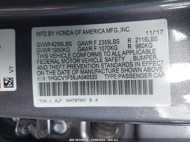 2018 HONDA ACCORD EX-L VIN: 1HGCV1F59JA040520