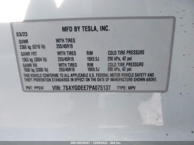 7SAYGDEE7PA075137 Tesla Model Y Awd/long Range Dual Motor All-wheel Drive