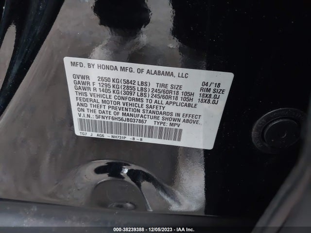 Honda Pilot Ex-l 2018 5FNYF6H56JB037867 Image 9