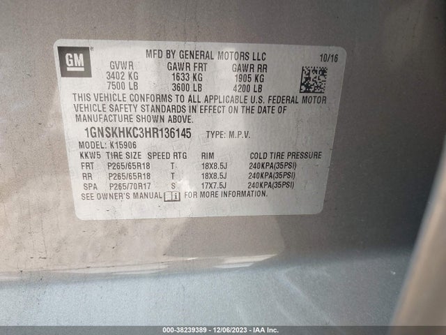Chevrolet Suburban Lt 2017 1GNSKHKC3HR136145 Image 9