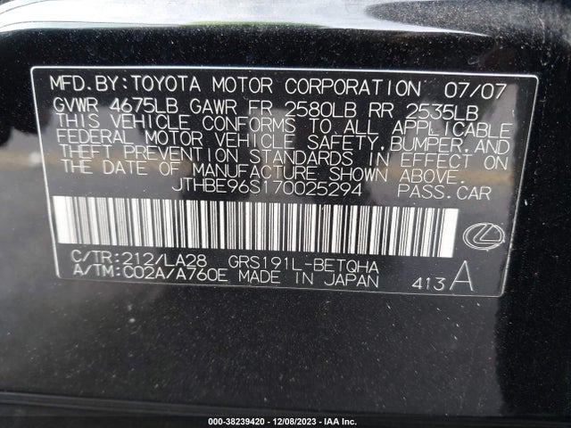 2007 LEXUS GS 350 VIN: JTHBE96S170025294