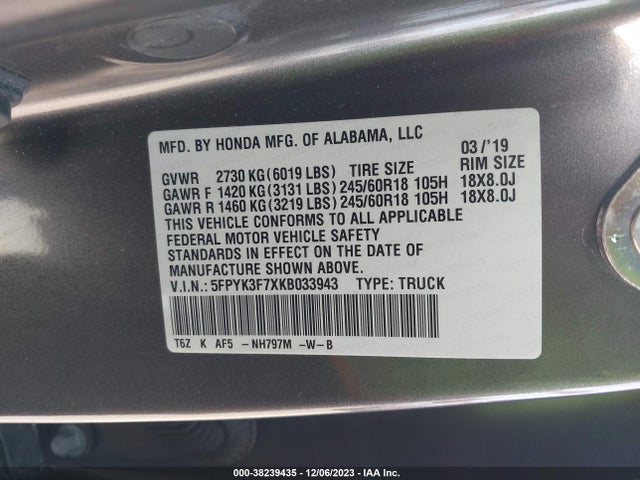 Honda Ridgeline Rtl-e 2019 5FPYK3F7XKB033943 Image 9