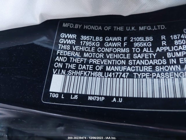 Honda CIVIC EX 2020 SHHFK7H68LU417747 Image 9