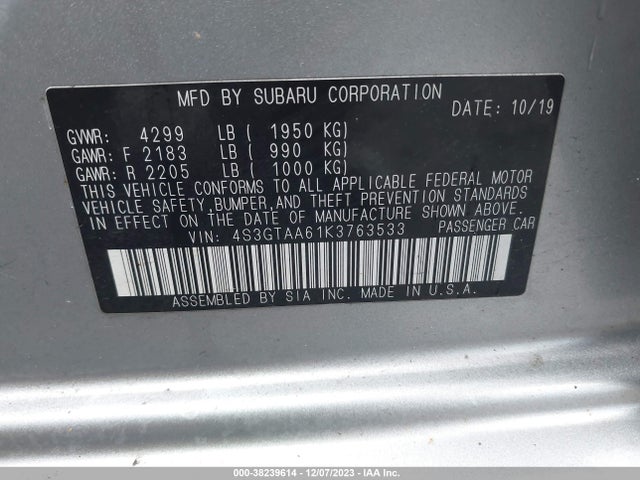 2019 SUBARU IMPREZA 2.0I VIN: 4S3GTAA61K3763533