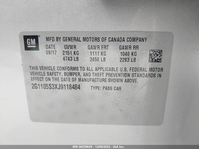 Chevrolet IMPALA 1LT 2018 2G1105S3XJ9118484 Image 9