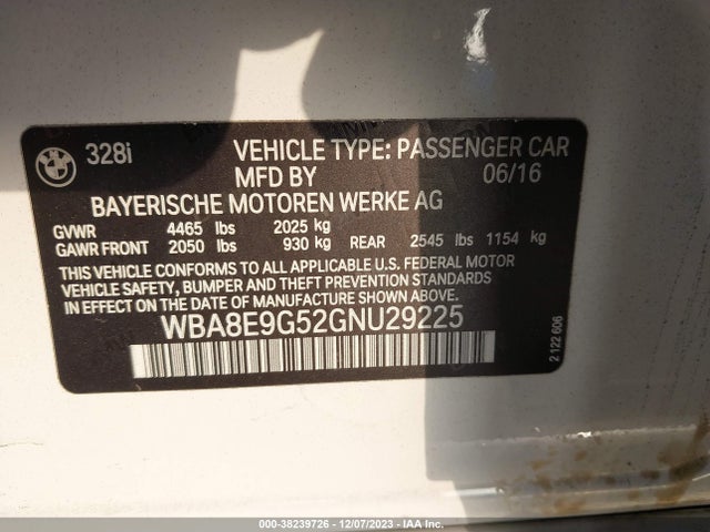 BMW 328I 2016 WBA8E9G52GNU29225 Image 9