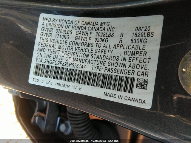 2020 HONDA CIVIC SPORT VIN: 2HGFC2F89LH576147