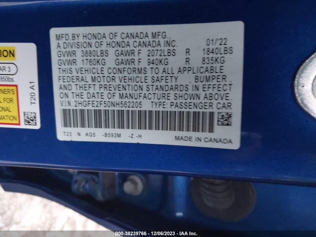 2022 HONDA CIVIC SPORT VIN: 2HGFE2F50NH562205