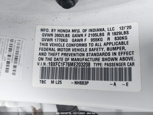 Honda Civic Ex-l 2021 19XFC1F76ME203208 Image 9