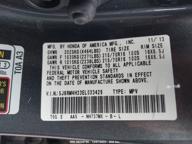 2014 HONDA CR-V LX VIN: 5J6RM4H33EL033429