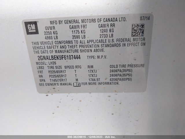 2015 CHEVROLET EQUINOX LT VIN: 2GNALBEK9F6107444