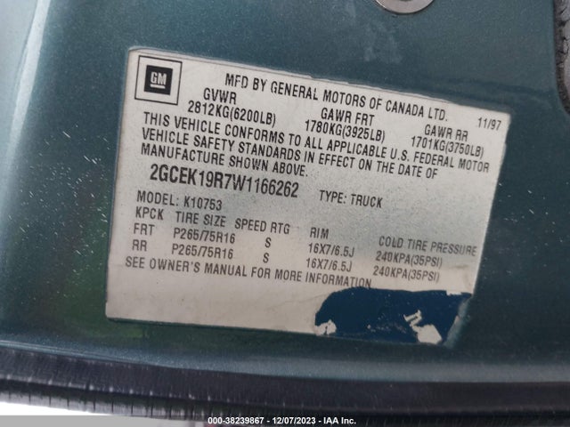 1998 CHEVROLET C/K 1500 FLEETSIDE VIN: 2GCEK19R7W1166262