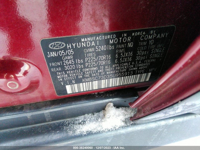2005 HYUNDAI SANTA FE GLS VIN: KM8SC73D35U955913
