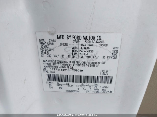 2006 FORD F-150 XLT/LARIAT/FX4 VIN: 1FTPW14V16KC59019