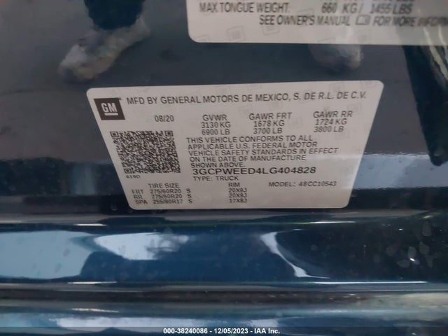 2020 CHEVROLET SILVERADO 1500 2WD SHORT BED LTZ VIN: 3GCPWEED4LG404828