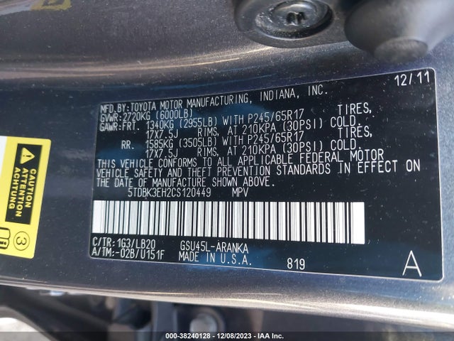 2012 TOYOTA HIGHLANDER SE V6 VIN: 5TDBK3EH2CS120449