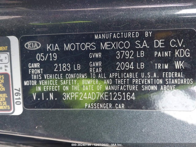 2019 KIA FORTE LXS VIN: 3KPF24AD7KE125164