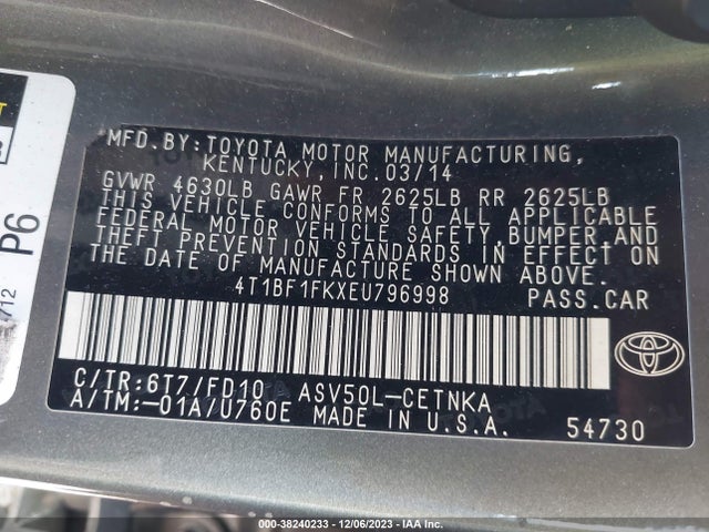2014 TOYOTA CAMRY LE VIN: 4T1BF1FKXEU796998